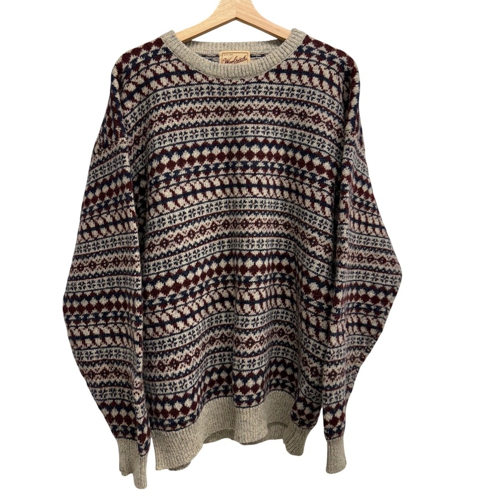 Woolrich Vintage Handframed Fair Isle Knit Sweater Mens XL Grey Burgundy Navy